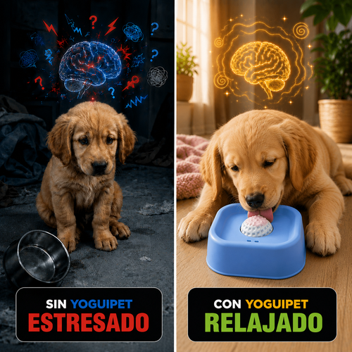 Plato lamedor antiestrés YoguiPet celeste para perros con bola giratoria